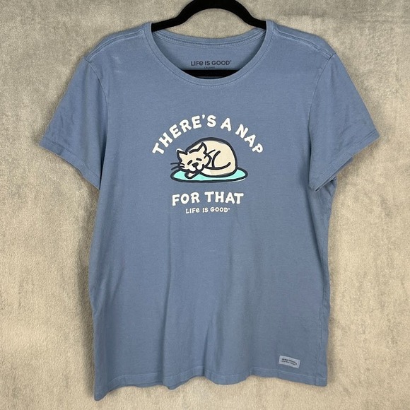 Life Is Good Tops - Life Is Good Shirt Womens Large Blue Crusher Tee Short Sleeve Cat Kitten Nap
